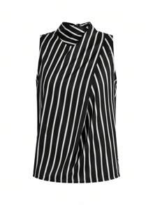 BizChic Women's Asymmetric Collar Tie Strap Romantic Elegant Casual Business Commute Blouse, Striped Pattern, Suitable For Daily Wear, Office Outfit, Teacher Uniform, Autumn - Black and White - View 3