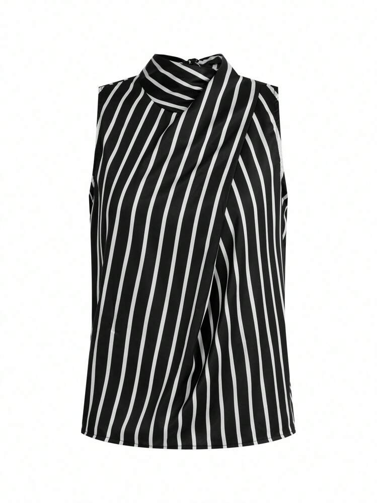 BizChic Blusa casual elegante y romántica con tirantes tipo collar para mujer, con estampado de rayas, adecuada para uso diario, outfit de oficina, uniforme de maestro, otoño - Blanco y Negro - Añade 3