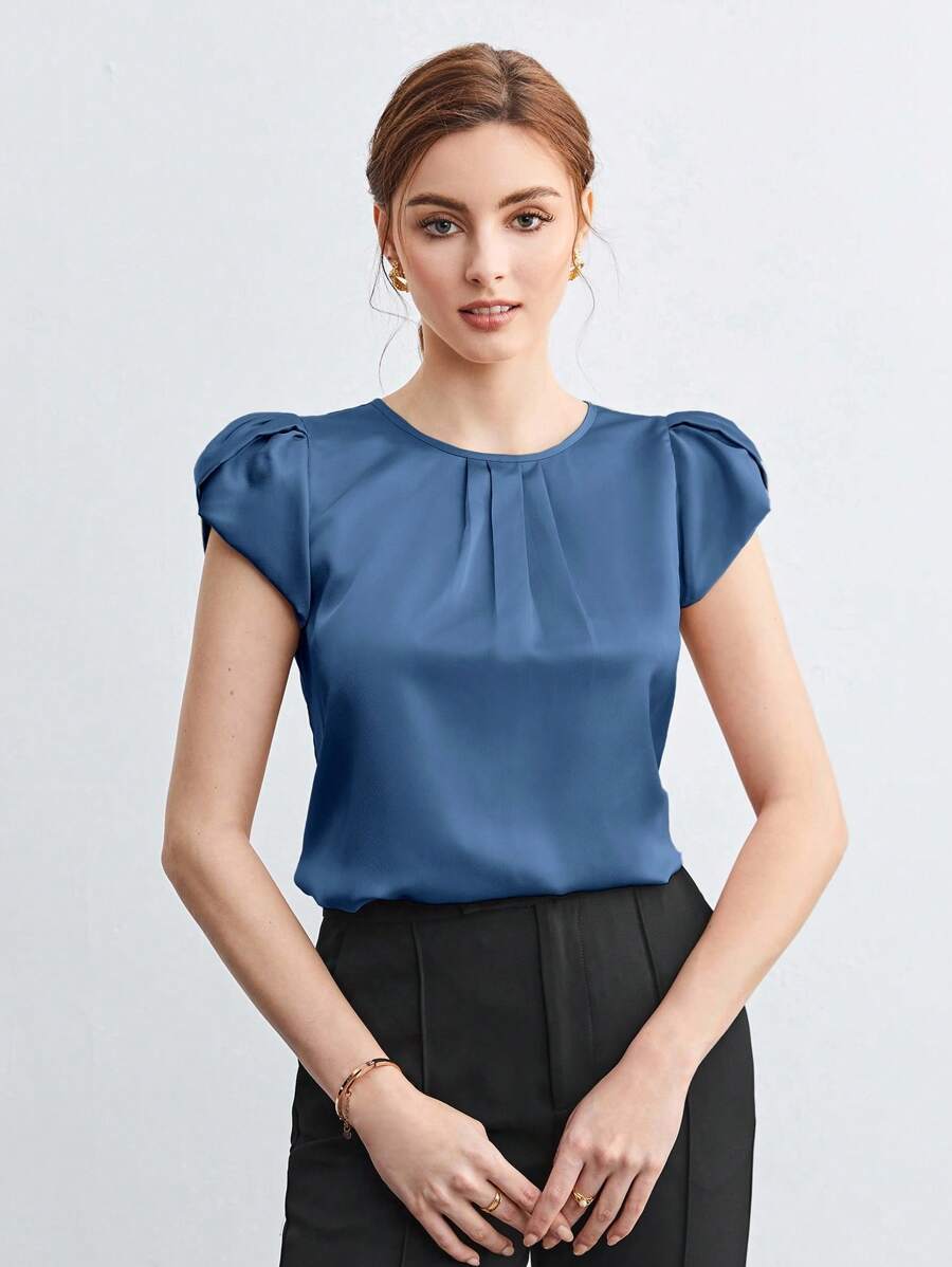 SHEIN BIZwear 女士纯色圆领褶裥装饰蝙蝠袖宽松短袖衬衫，优雅办公休闲衬衫，女士基础款上衣 - 藍色 - 查看 1