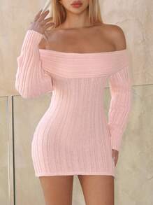 Sweetina 女士粉色露肩露背长袖紧身性感迷你连衣裙粉色连衣裙短款粉色连衣裙紧身粉色连衣裙粉色毛衣裙秋冬露肩粉色连衣裙 - 粉色 - 查看 6