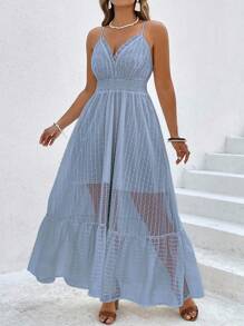SHEIN Clasi Plus Size Women Vacation Style Texture Spaghetti Strap Ruffle Hem Gathered Waist Dress - Navy Blue - View 6