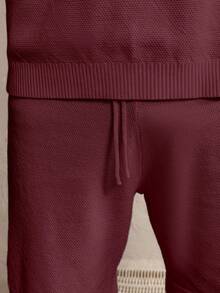 Manfinity Homme Men's Solid Color Short Sleeve Knit Top And Knit Shorts Casual Co-Ord Set , Fall Clothes - Burgundy - View 3