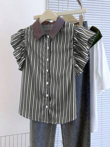 女式休闲条纹荷叶边下摆衬衫，夏季 - 黑與白 - 查看 3