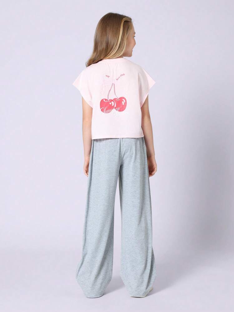 Cherry Print Crop T-Shirt With Wide Leg Striped Pants
