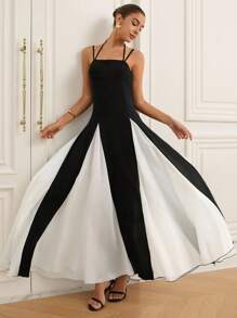 EMERY ROSE Đầm xòe họa tiết hình học chắp vá sang trọng, thanh lịch, gợi cảm bằng vải lanh mới dành cho nữ - Đen và trắng - Xem 5