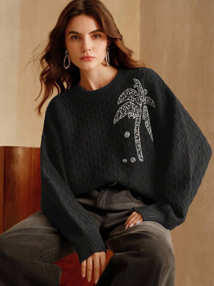 Women's Knitted Embroidered Palm Tree Sweater Top