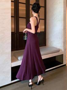 DAZY Đầm midi không tay cổ chữ V đính sequin cho nữ, đầm cưới nữ, đầm hè nữ, đầm chống nắng. - Màu tím - Xem 2