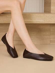 MOTF 女士复古法式风格石纹平底方头V领套脚鞋，咖啡棕色，简约百搭，舒适优雅，高品质玛丽珍鞋 - 咖啡棕 - 查看 7