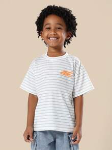 SUMWON Core Collection Kids Striped Tee Comfortable Casual Everyday Essential Summer Top Soft Relaxed Fit Boys Daily Wear Basic Leisure - White - View 1