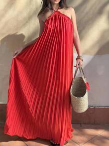 Sunnyshic 红色百褶设计高端欧美优雅浪漫沙滩度假倒V领荷叶边拼接挂脖露背连衣裙 - 紅色 - 查看 3