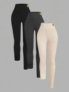 SHEIN EZwear 加大码纯色贴花高腰紧身羊毛打底裤，秋冬时尚 - 彩色 - 查看 3