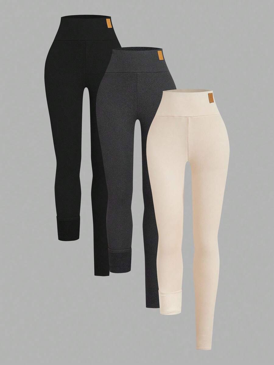 SHEIN EZwear 大码女式铆钉设计保暖内衬修身休闲裤 - 彩色 - 查看 1