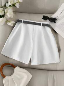 SHEIN Fiorisel 休閒通勤時尚不對稱下擺裙褲，女款多功能 1 件式短褲，免腰帶搭配 1 件式裙褲 - 白色 - 查看 2