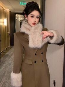 DAZY 女士长袖毛领大衣，修身剪裁，收腰设计，带口袋，双排扣，长款，秋冬款 - 棕色 - 查看 5