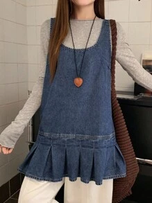 DAZY 女式无袖宽松休闲牛仔百褶下摆衬衫 - 中等水洗藍 - 查看 4