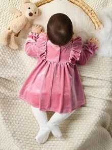 SHEIN 新生女婴优雅可爱天鹅绒荷叶边长袖连衣裙 - 淺粉色 - 查看 2