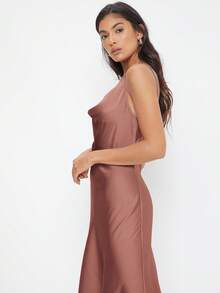 BizChic Đầm satin dài không tay cổ xếp ly dành cho nữ mùa thu, thanh lịch, thích hợp cho đám cưới, công sở, hòa nhạc, dự tiệc cưới. - Gỗ đỏ - Xem 7