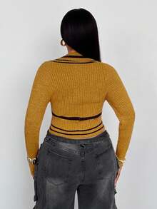 Maweii Maglione corto a scollo a V con motivo a righe a contrasto, stile casual da strada e college, per donne taglie forti, autunnale - Giallo - Visualizzare 4