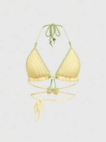 ROMWE Kawaii Áo len hở lưng họa tiết dâu tây móc tay gợi cảm dễ thương cho nữ, màu hồng - Màu vàng - Xem 1