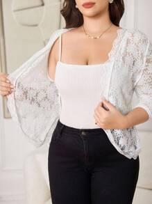 Reflora Jaqueta Leve com Frente Aberta, Manga 3/4 e Renda Floral, Plus Size Feminino