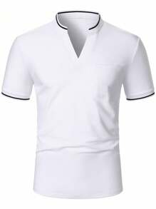 Manfinity Homme 男士休閒口袋通勤條紋短袖 Polo 衫，黑白配色拼接夏季度假上衣 - 白色 - 查看 3
