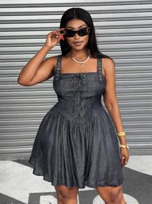 Maweii 大码女式牛仔露肩吊带连衣裙，收腰性感A字迷你裙 - 灰色 - 查看 1