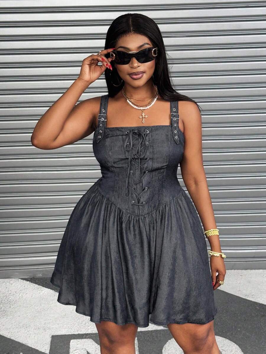Maweii 大码女式牛仔露肩吊带连衣裙，收腰性感A字迷你裙 - 灰色 - 查看 1