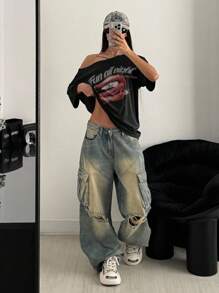 SHEIN Áo thun tay ngắn màu đen in họa tiết môi phong cách Punk Subculture rộng rãi cho nữ, mùa hè - màu đen - Xem 3