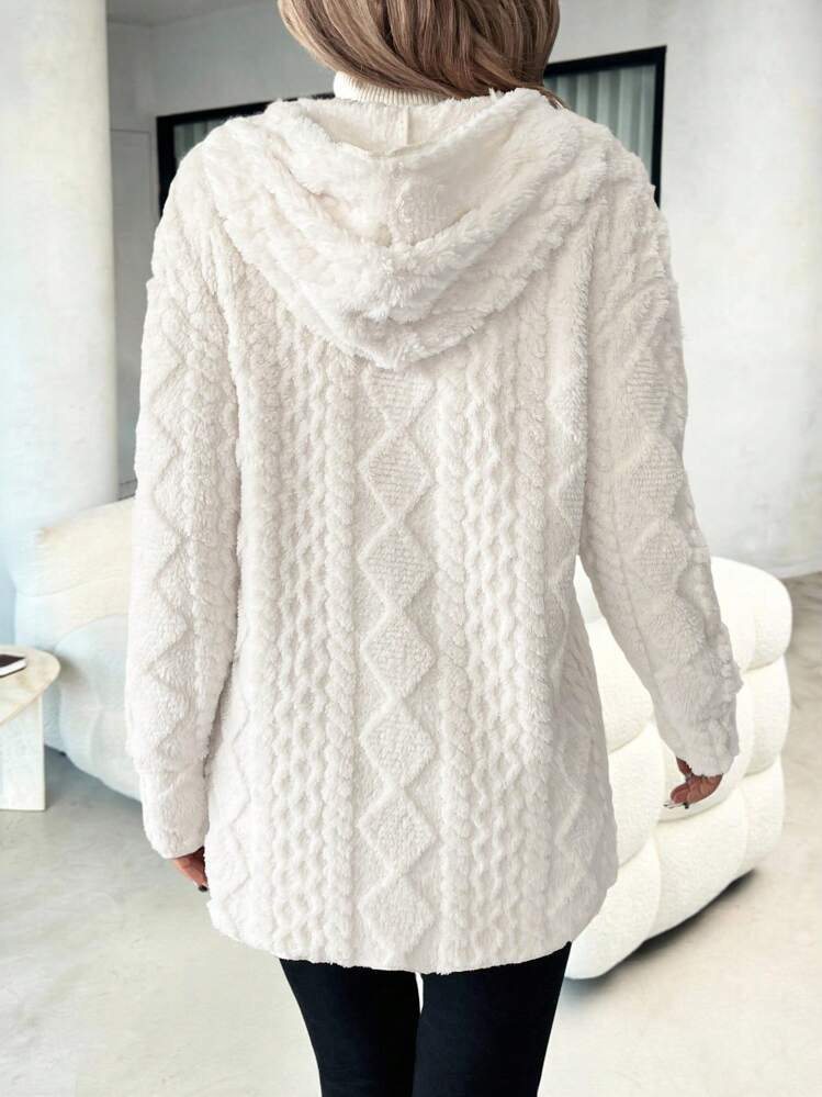 SHEIN Clasi Women's Casual Hooded Textured Fleece Jacket, Autumn/Winter,Fall - White - View 2