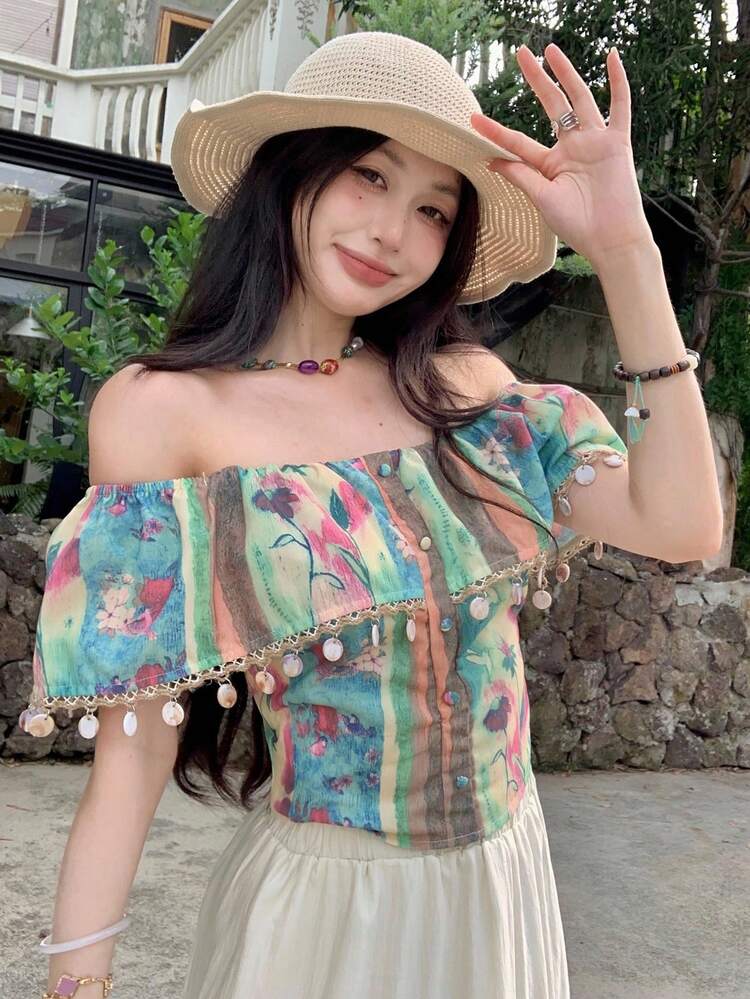 Spring/Summer Casual Vacation Bohemian Sequin Beaded Off Shoulder Ruffle Patchwork Ditsy Floral Fitted Short Sleeve Women Blouse Boho