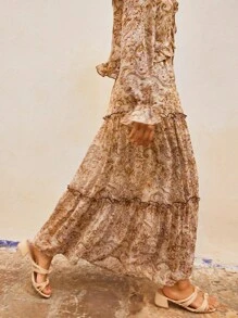 Maija Floral Print Ruffle Hem Patchwork A-Line Skirt, Bohemian Style For Women, Suitable For Autumn Vacation,Halloween - Multicolor - View 6