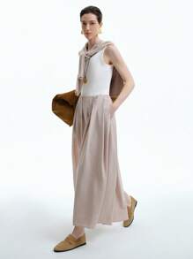 SHEIN LUNE 女士亚麻休闲褶皱阔腿裤，带口袋，浅卡其色，初秋 - 卡其色 - 查看 5