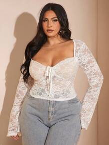 SHEIN BAE Plus Size Women's Sexy Sheer Lace Long Flare Sleeve Blouse, Women Top/ Plus Size Lace Top/ Lace Undershirt Long Sleeve/Wedding Guest Dress Curve/Fall Clothes Plus Size/Halloween/Homecoming/Christmas/Going Out /Birthday Top For Women/Western Wear Women/Dresses For Women Party/Women's Fall Clothes/White Top Classy Elegant,Fall Clothes For Women