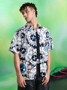 MADBALLS X SHEIN 男士卡通图案前扣休闲短袖衬衫 - 白色 - 查看 3