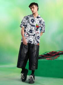 MADBALLS X SHEIN 男士卡通图案前扣休闲短袖衬衫 - 白色 - 查看 7