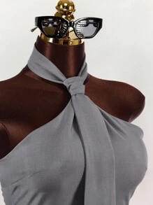 Amplova 女式性感纯色露背吊带上衣和百褶迷你裙两件套，夏季 - 灰色 - 查看 10