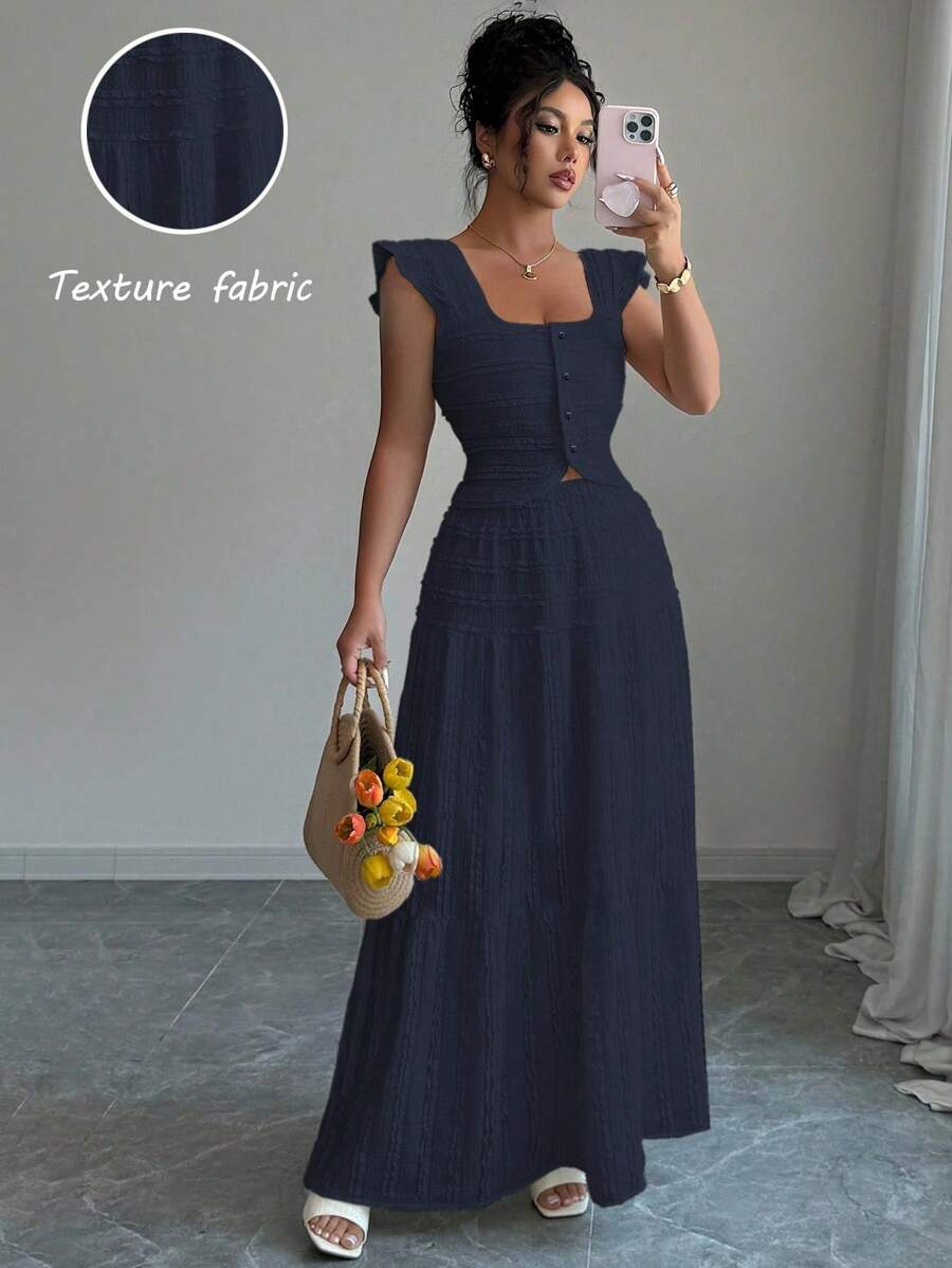 Elenzga Damen romantisches, elegantes Set aus einfarbiger Bluse und Rock, Sommer