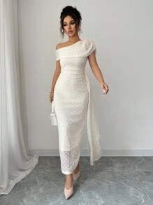 Elenzga 女式性感针织镂空毛绒球优雅紧身长裙，夏季 - 杏色 - 查看 5