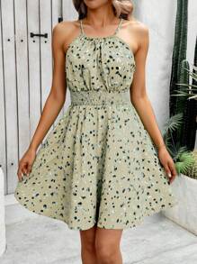 SHEIN Holidaya Summer Vacation Casual All-Over Print Halter Neck Dress - Beige - View 3