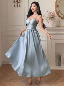 DAZY 纯色褶皱连衣裙，夏季女装连衣裙，吊带裙 - 藍色 - 查看 3