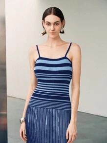 Elenzga Women's Casual Everyday Contrast Stripe Pattern Sleeveless Knit Dress, Summer Knitted Sweater - Blue - View 7