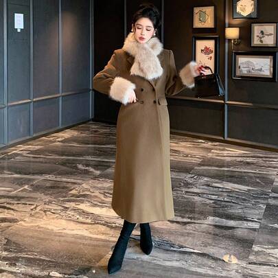 여성용 울 혼방 긴팔 코트, 퍼 카라, 슬림 핏, 허리 핀치, 포켓, 더블 브레스트, 롱 기장, 가을/겨울