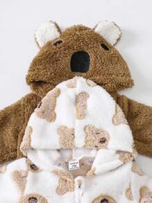 2件套新生儿可爱考拉印花刺绣加厚羊毛长袖连体睡衣，秋冬 - 棕色 - 查看 6