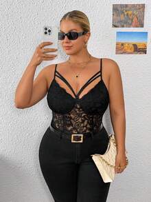 SHEIN PETITE CURVE Plus Size Sexy Contrast Lace Hollow Out Sleeveless Bodysuit, Summer - Black - View 6
