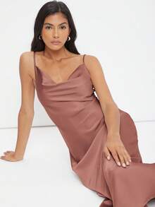 BizChic Đầm satin dài không tay cổ xếp ly dành cho nữ mùa thu, thanh lịch, thích hợp cho đám cưới, công sở, hòa nhạc, dự tiệc cưới. - Gỗ đỏ - Xem 5