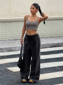 Muchica 女秋季新款高腰松紧腰运动阔腿裤（做旧黑灰）秋冬款适合日常出街穿 - 黑色 - 查看 3