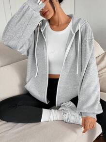 Solflare Comfortable Plain Grey Hooded Zipper Coat For Casual Fall Outfits,,Fall Clothes For Women Winter Autumn