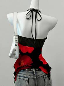 SHEIN EZwear Blusa con estampado de malla, sexy, con cuello de halter y espalda descubierta con lazada para mujeres - Negro - Ver 2