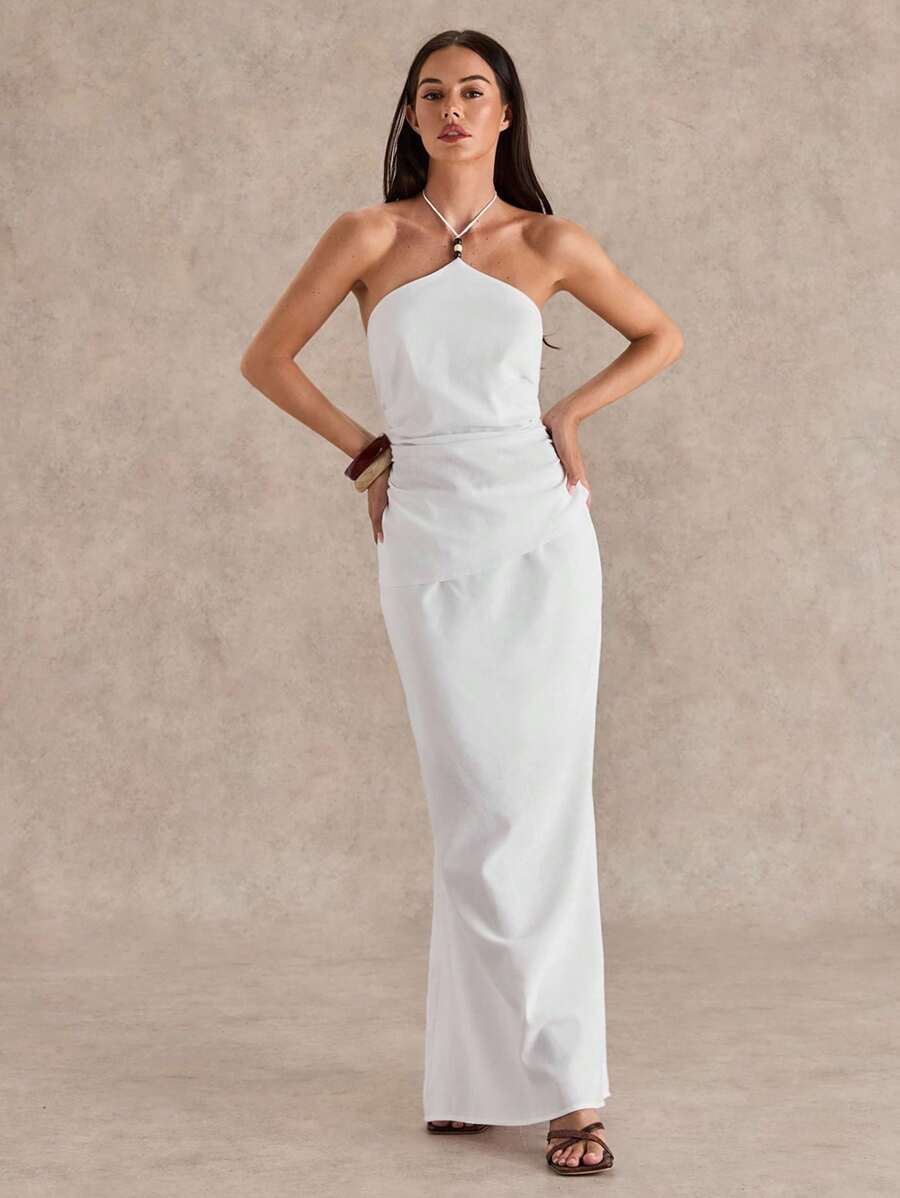Glamine Women's Bohemian Style White Linen Halter Neck Vacation Top - White - View 1