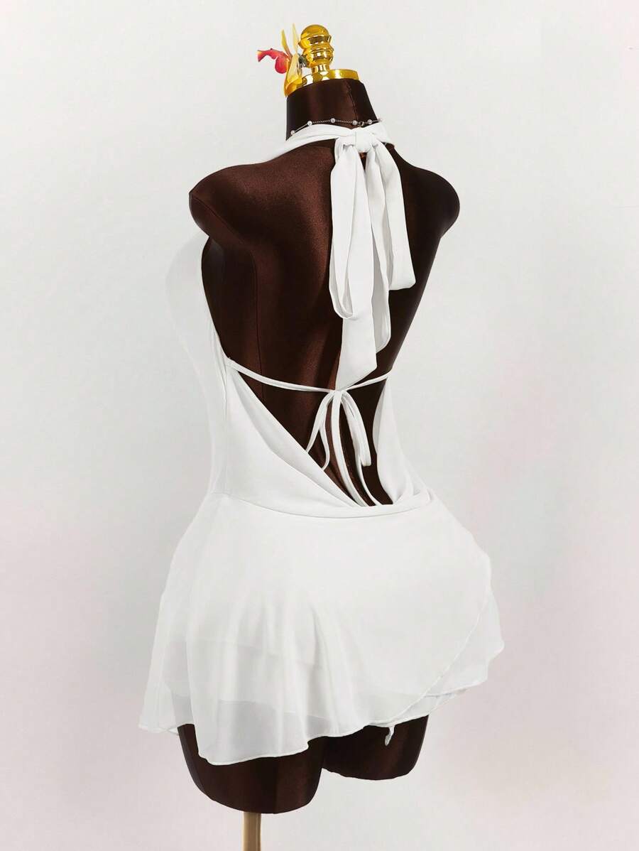 Amplova 女式夸张宽松领口围巾领带褶饰性感连衣裙 - 白色 - 查看 1